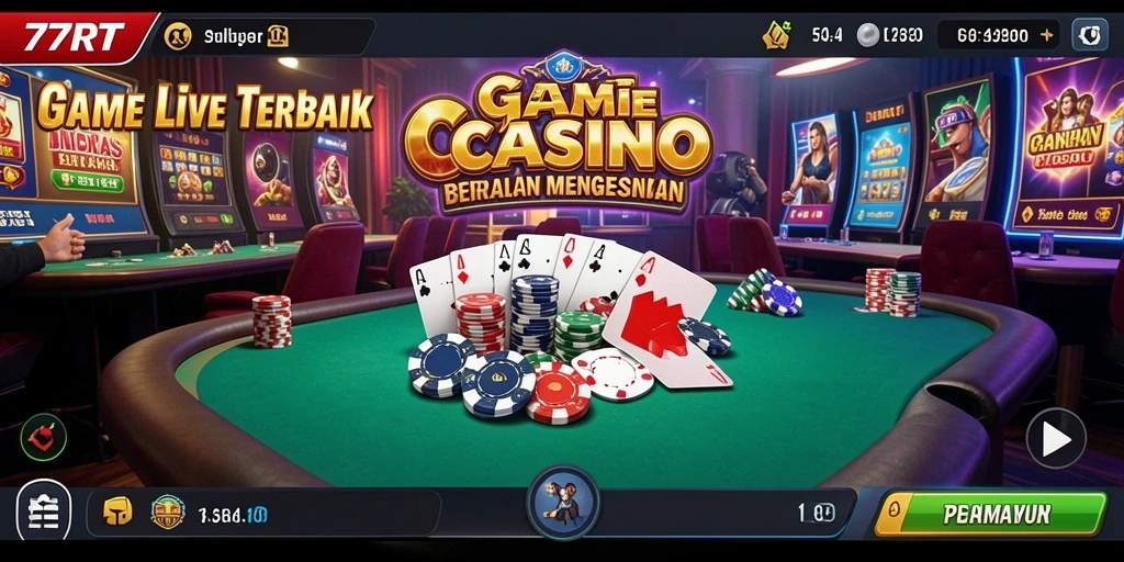 Screenshot gameplay Live Casino 77RT menampilkan dealer langsung dan suasana permainan.