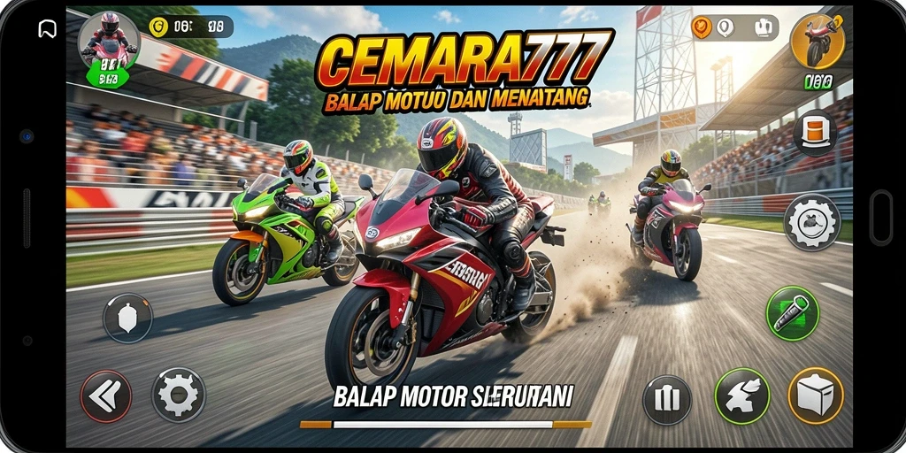 Screenshot utama CEMARA777 menunjukkan aksi balapan motor yang mendebarkan.