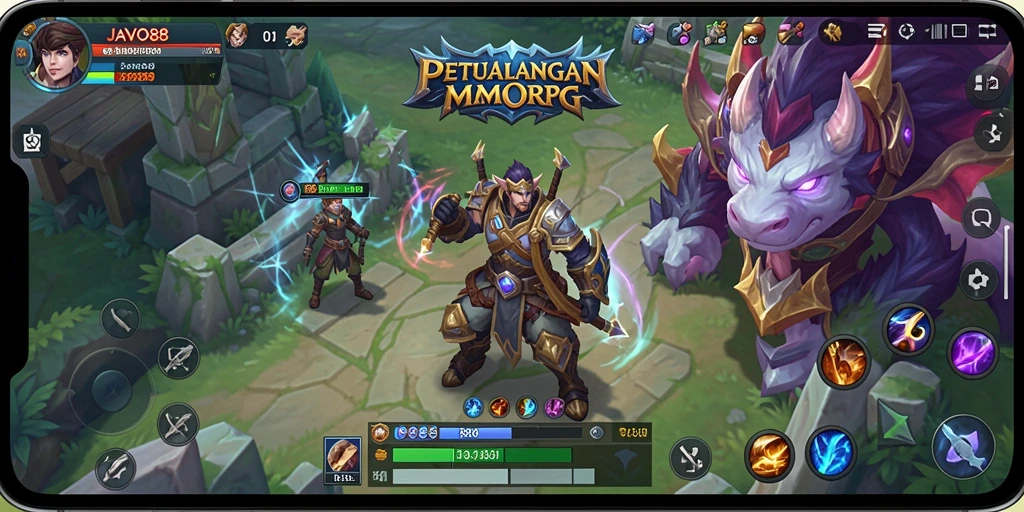 Screenshot utama JAVO88 menampilkan pertarungan epik dalam dunia MMORPG.