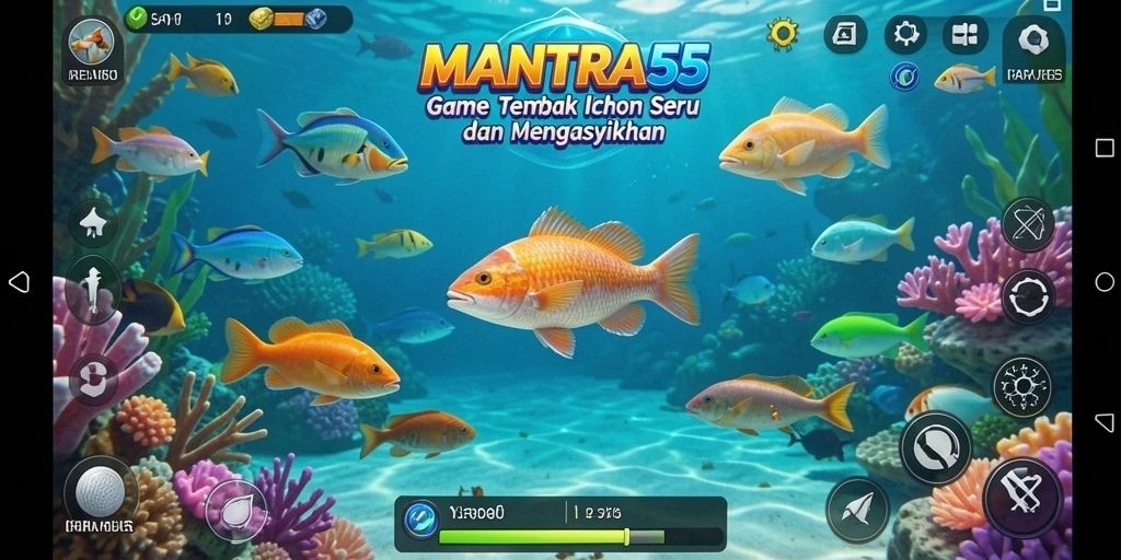 Screenshot gameplay <strong>MANTRA55</strong> yang penuh warna dan seru saat menembak ikan.