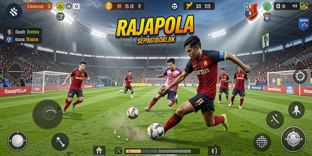 Screenshot RAJAPOLA menampilkan aksi seru di lapangan sepak bola.